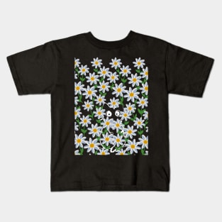 Cat hiding in daisy flower field at night Kids T-Shirt